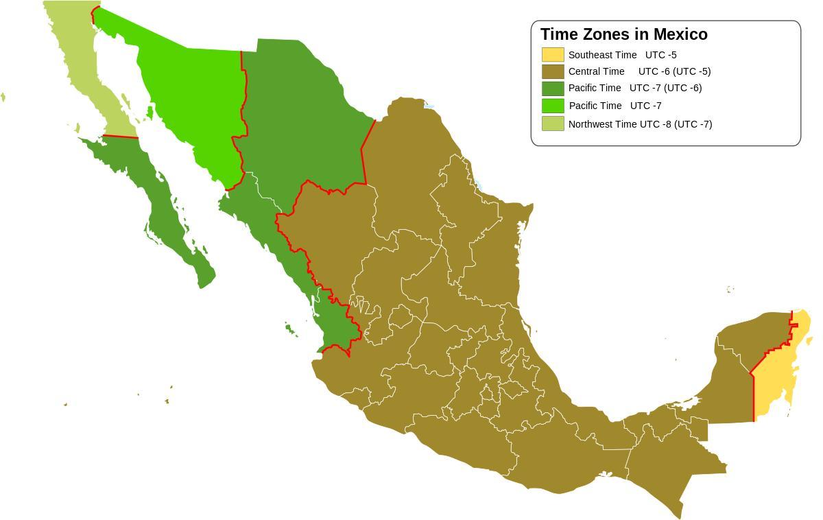 Ժամային գոտի քարտեզ Մեքսիկա