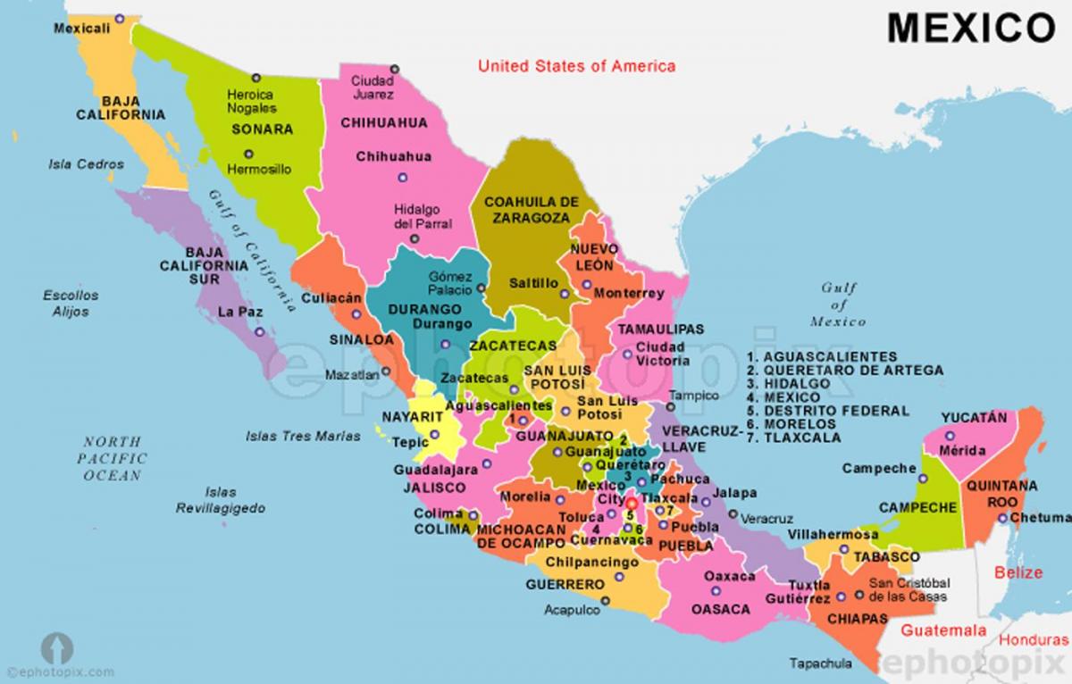 Մեքսիկայի քարտեզ պետությունների մայրաքաղաքների