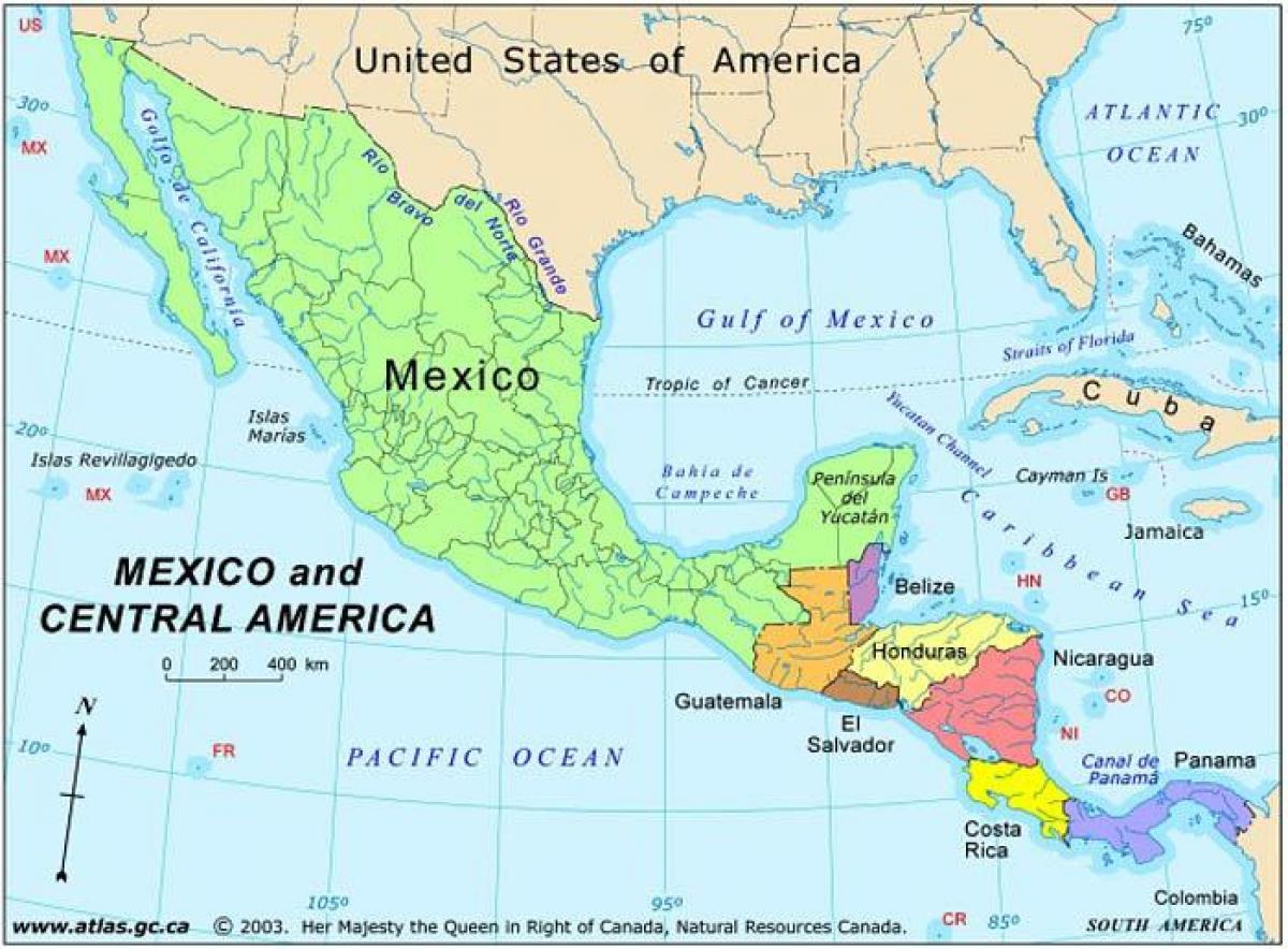 քարտեզը Մեքսիկայի և Կենտրոնական Ամերիկայի