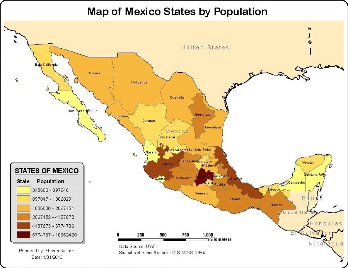 Մեքսիկայի քարտեզ բնակչության